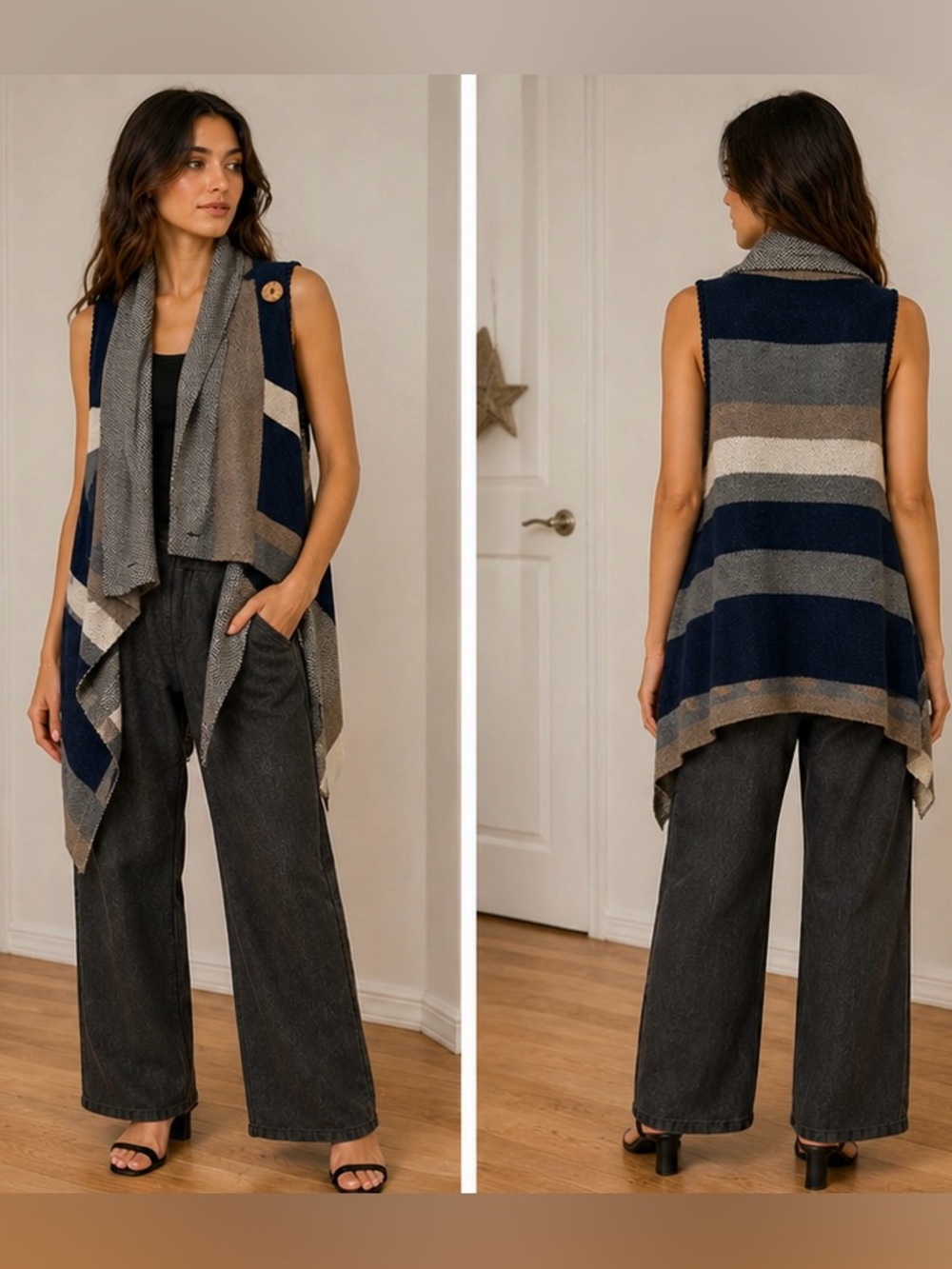 Striped Vest Sweater with Cowl Neck and 2 Buttons.